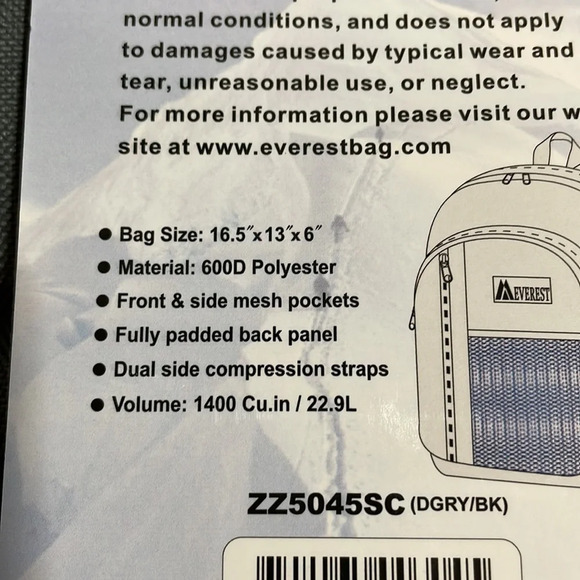 NWT Everest Gray Backpack with Black Details - Picture 5 of 11
